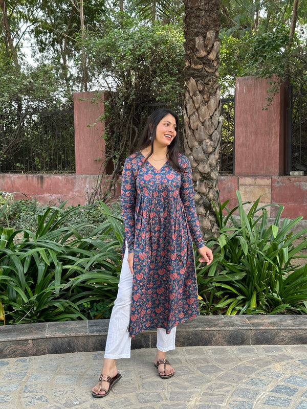 Deep Blue High Slit Flared Kameez - Jonaya