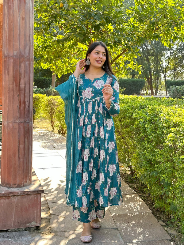 Rama Green Floral Flare Suit Set - Jonaya