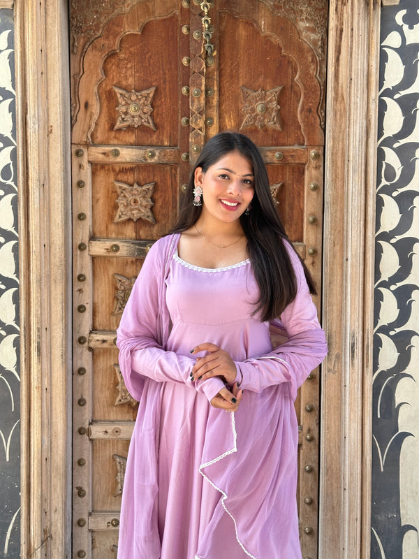 Butter Purple White Lace Flare Suit Set - Jonaya