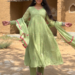 Sage Green Pink Embroidery Anarkali