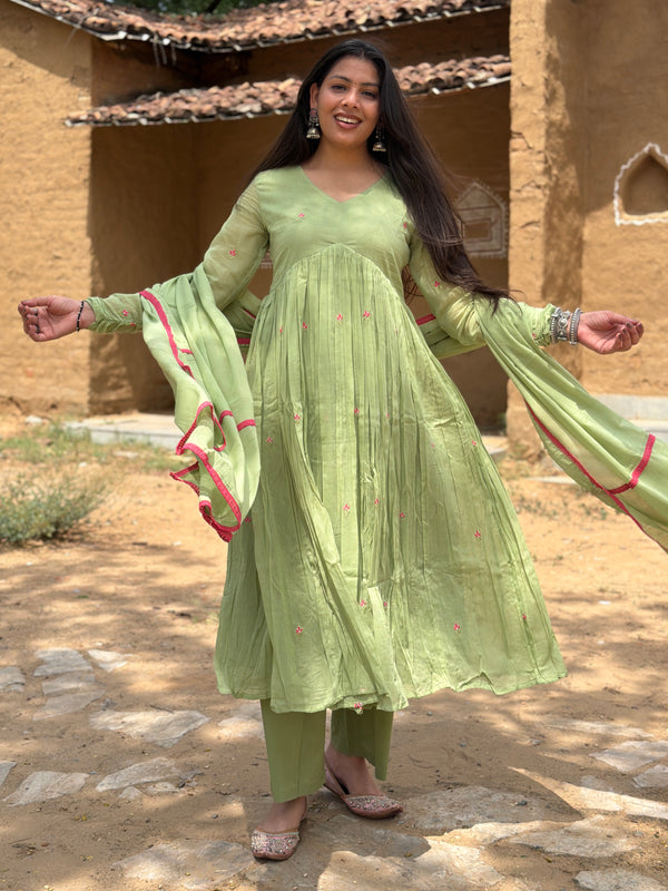 Sage Green Pink Embroidery Anarkali
