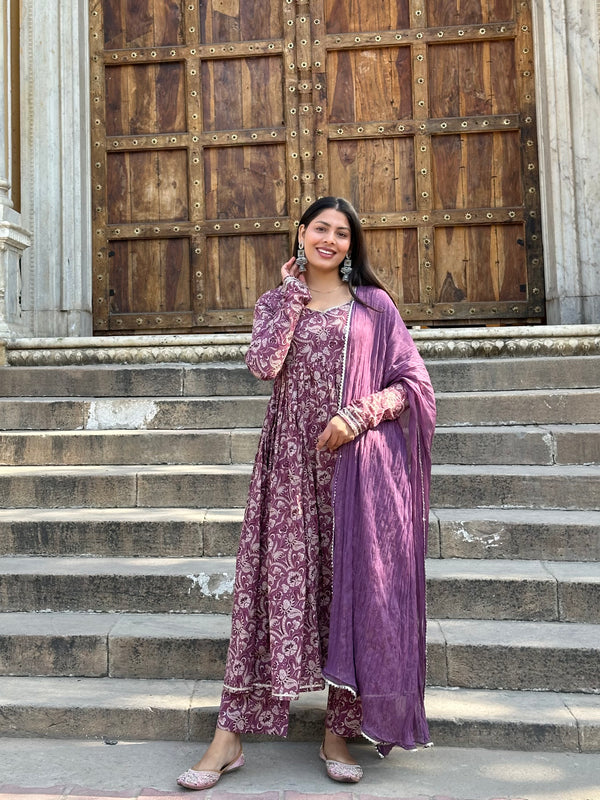 Purple Paisley Cotton Flare Suit Set - Jonaya