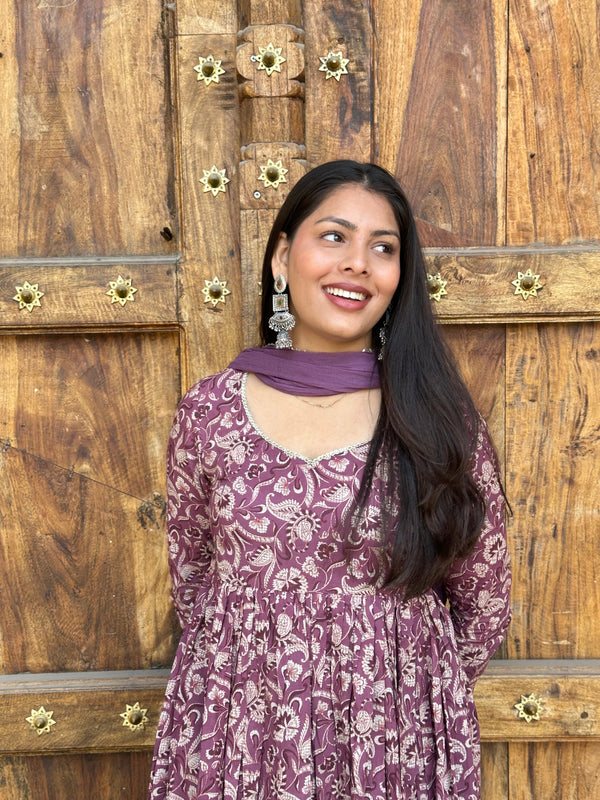 Purple Paisley Cotton Flare Suit Set - Jonaya