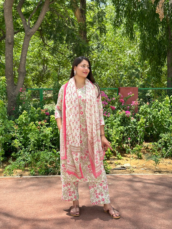 White Pink Lily Straight Suit Set - Jonaya