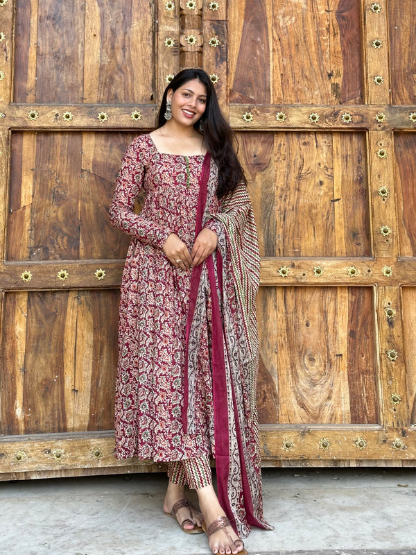 Maroon Kalamkari Flare Suit Set - Jonaya