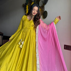 Festive green pink anarkali suit set Jonaya