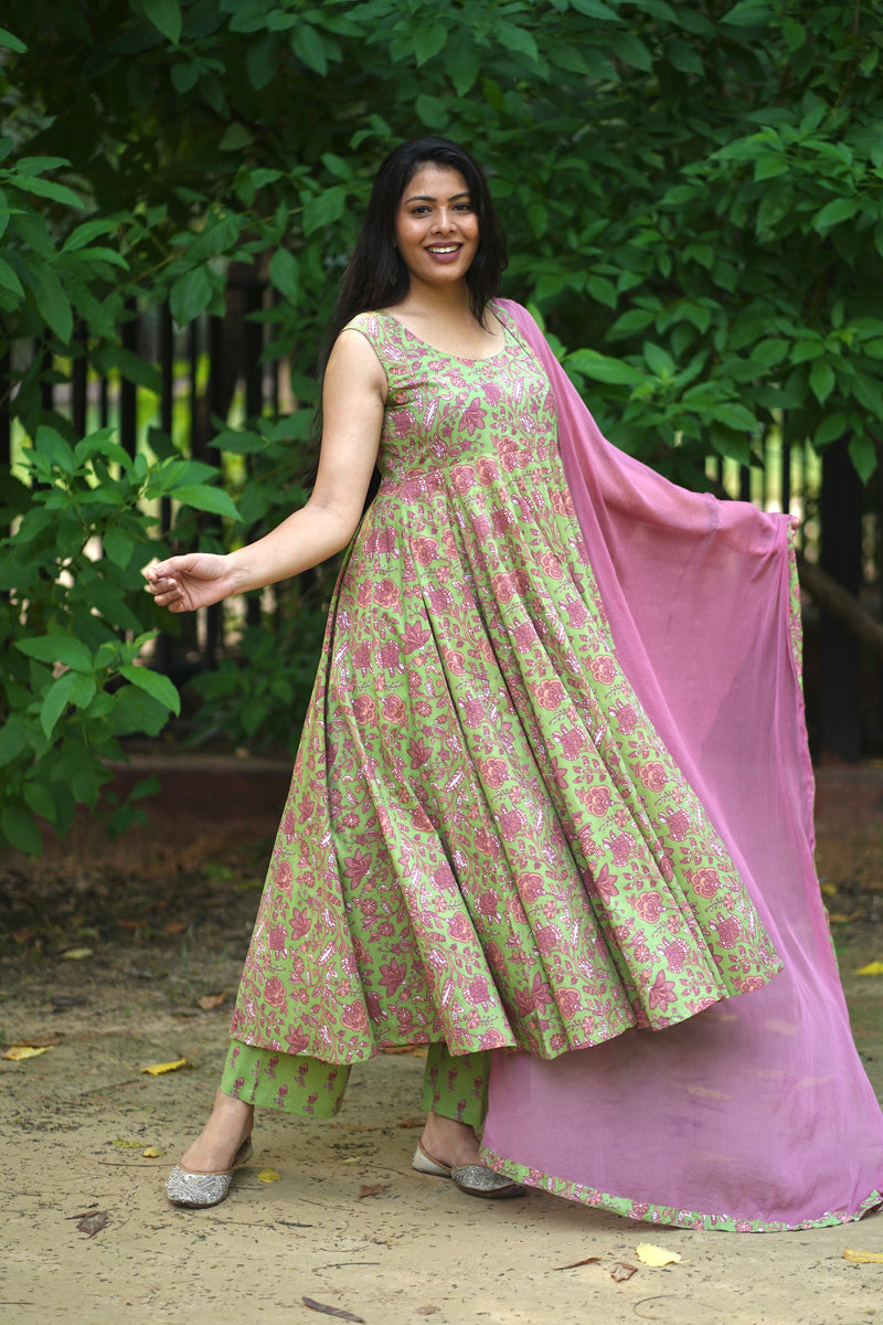 Green Purple floral Anarkali set - Jonaya