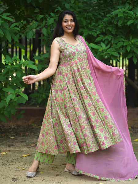 Green Purple floral Anarkali set - Jonaya