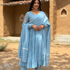Powder blue white embroidery Anarkali