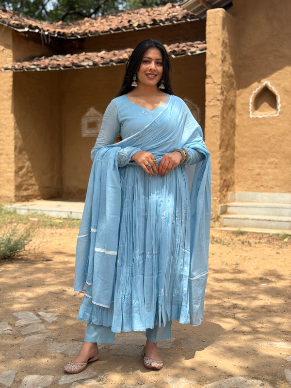 Powder blue white embroidery Anarkali
