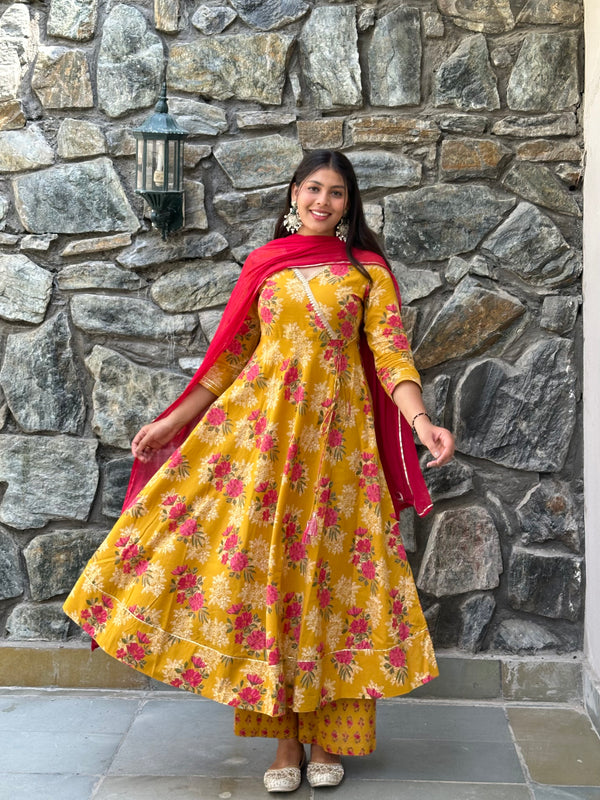 Yellow Pink Festive Anarkali Suit Set - Jonaya