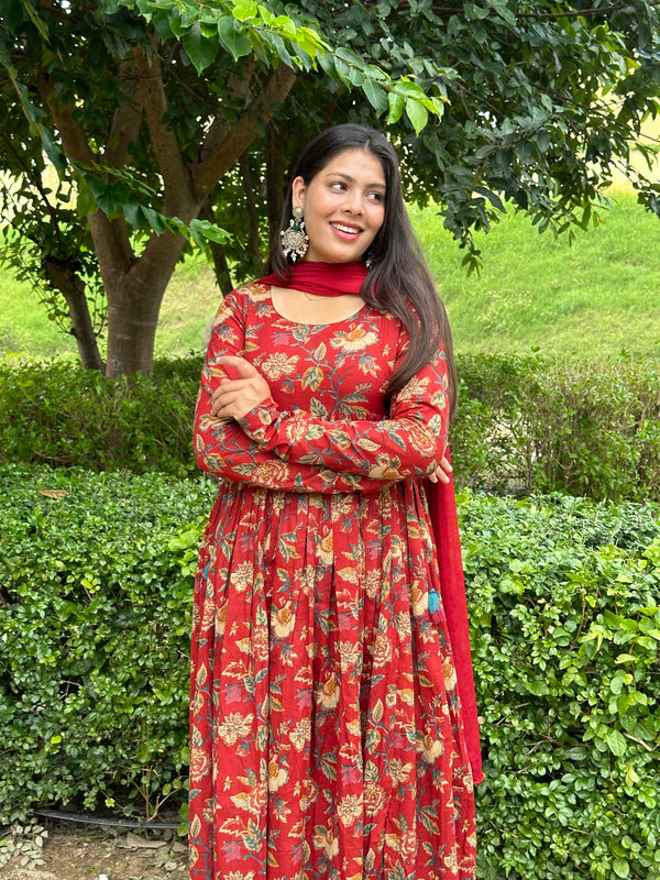 Pretty Red Floral Flare Suit Set - Jonaya