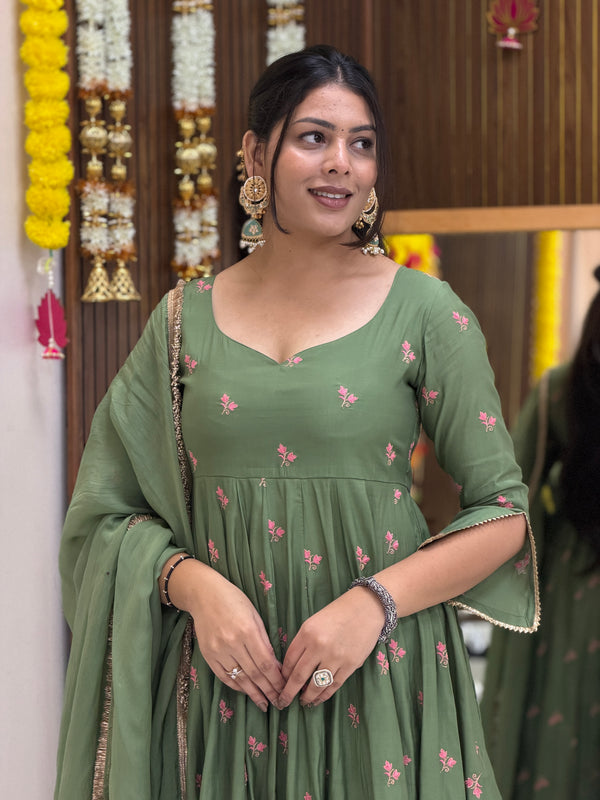 Pista Gulab Embroidery festive Anarkali set Jonaya