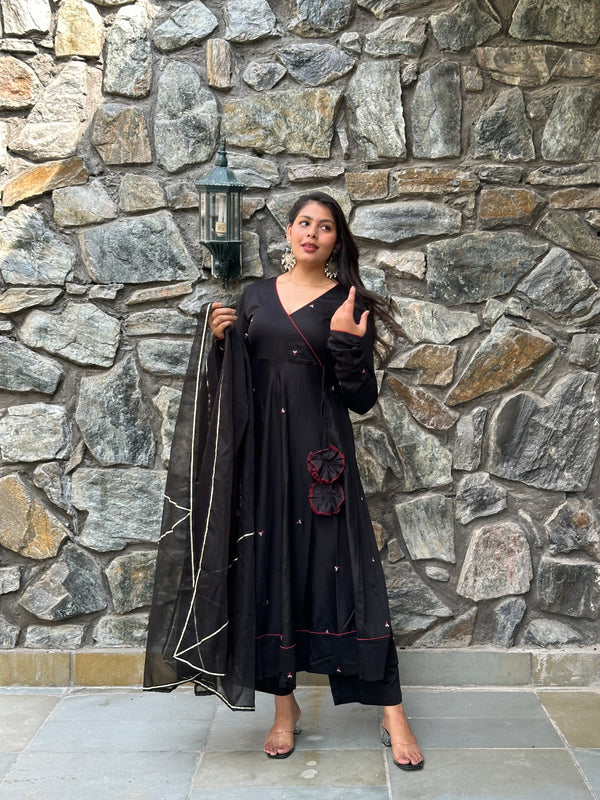 Black Self Embroidered Flare Suit Set - Jonaya