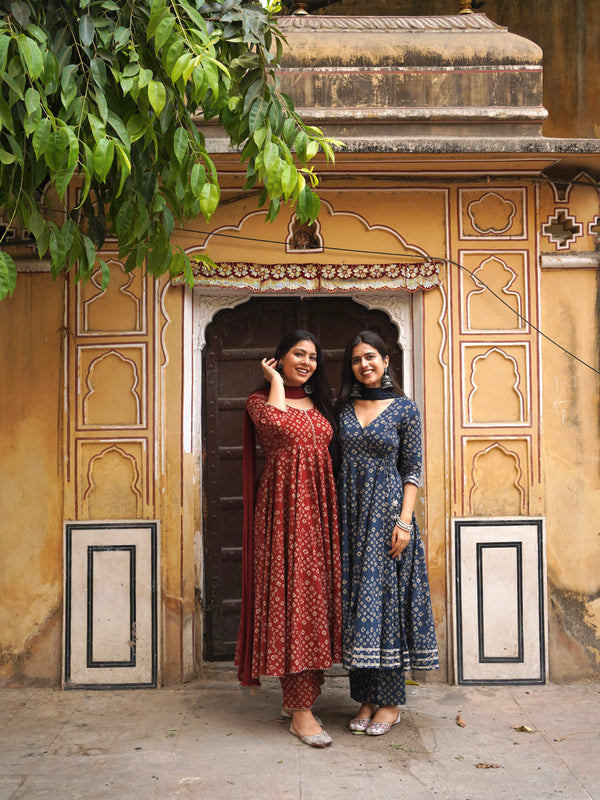 Blue Bhandej Anarkali Suit Set - Jonaya