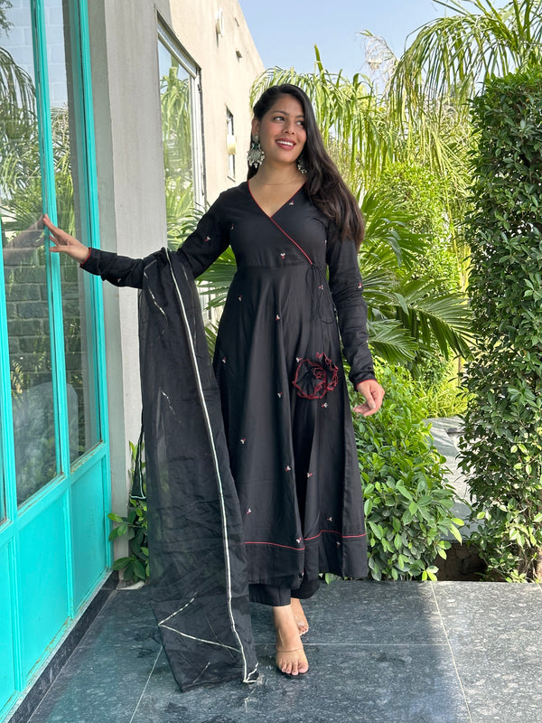Black Self Embroidered Flare Suit Set - Jonaya