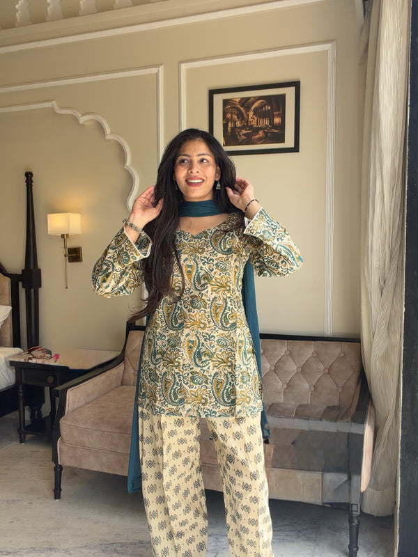 Beige teal garden farshi salwar set Jonaya