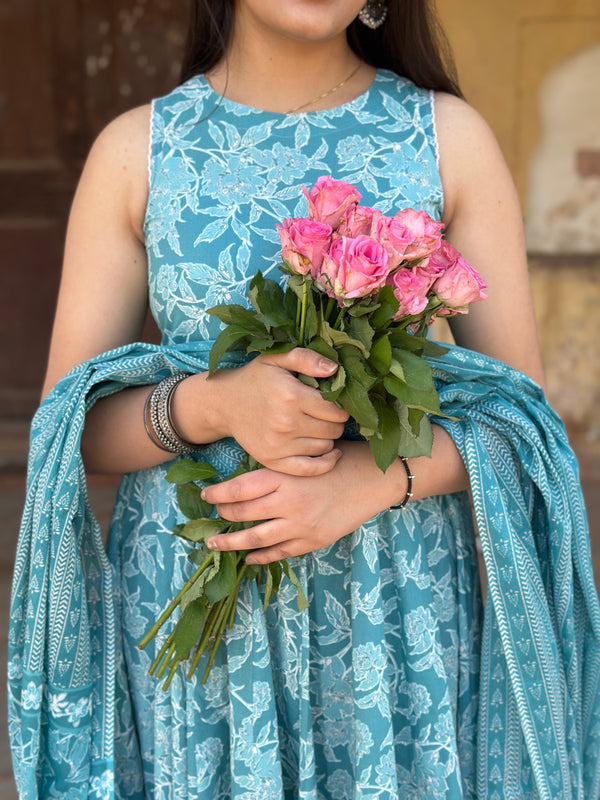 Pastel Sky Floral Anarkali Suit Set - Jonaya