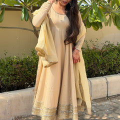 Beige heavy mirror pure organza silk Anarkali set Jonaya