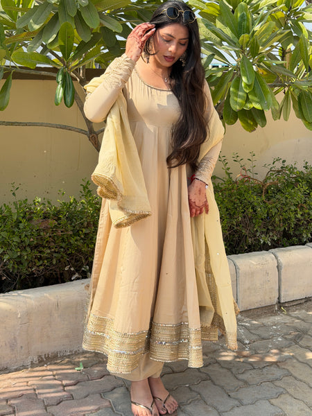 Beige heavy mirror pure organza silk Anarkali set Jonaya