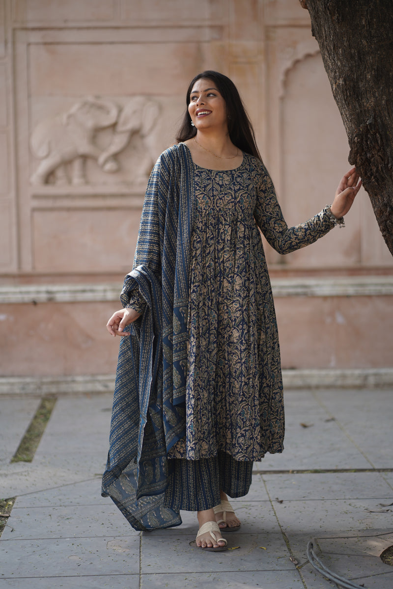 Blue kalamkari anarkali suit set
