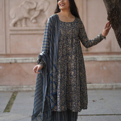 Blue kalamkari anarkali suit set