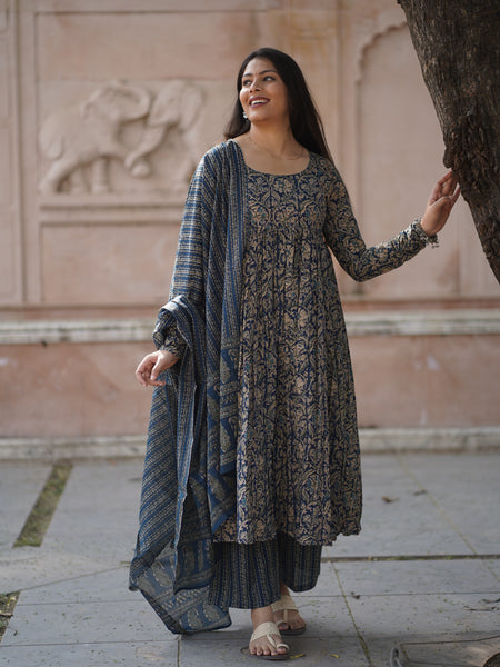 Blue kalamkari anarkali suit set