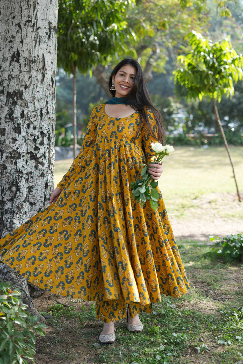 Gulmohar Mustard Anarkali suit set Jonaya