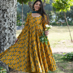 Gulmohar Mustard Anarkali suit set Jonaya