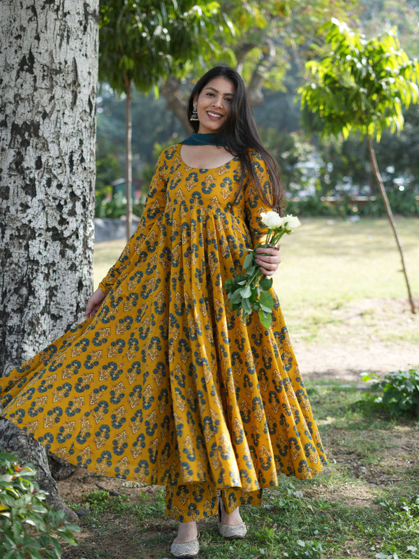 Gulmohar Mustard Anarkali suit set Jonaya