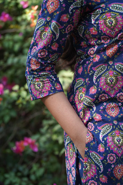 Blue pink floral straight suit set