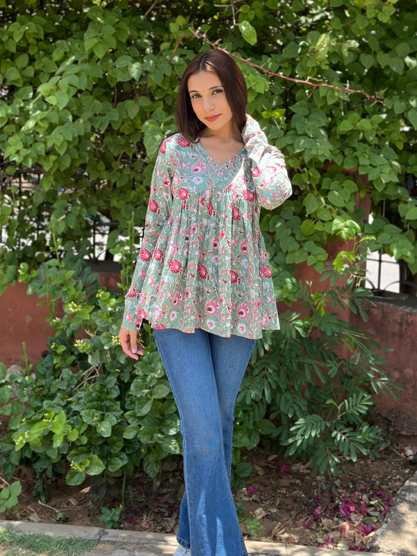 Soft Rose Green Full Sleeves Peplum Top - Jonaya