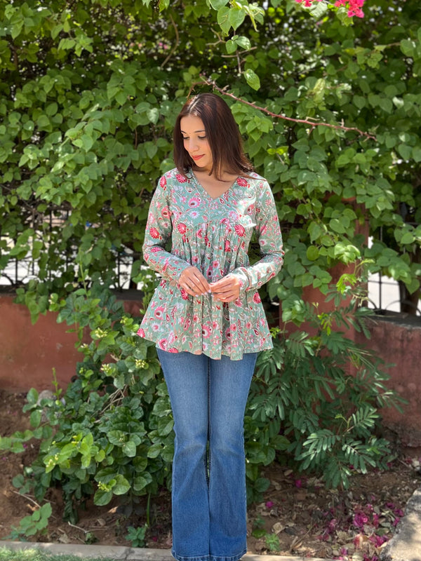 Soft Rose Green Full Sleeves Peplum Top - Jonaya