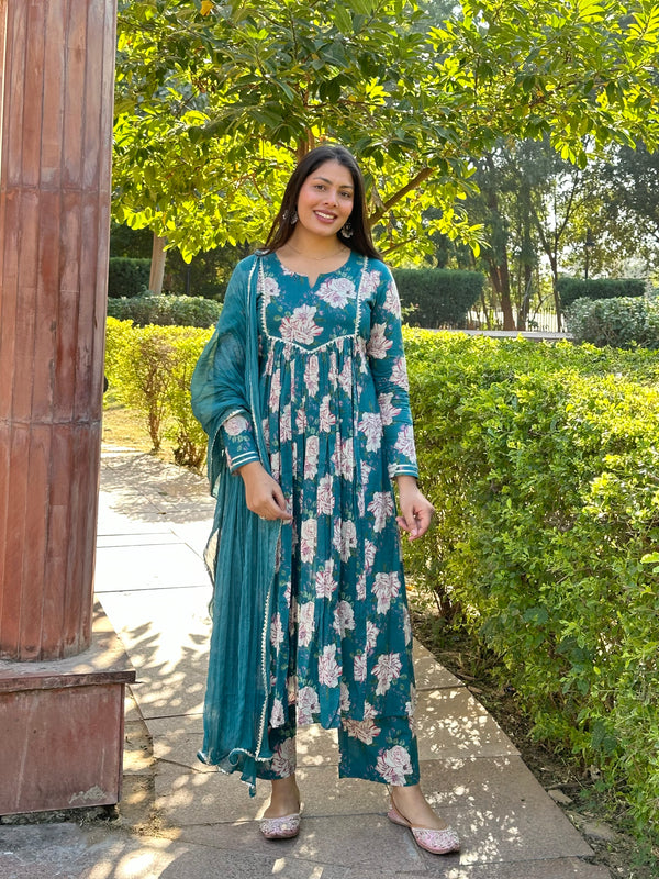 Rama Green Floral Flare Suit Set - Jonaya
