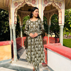 Olive floral Anarkali suit set - Jonaya