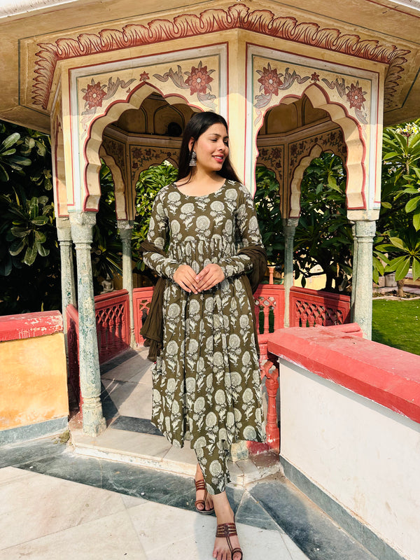 Olive floral Anarkali Suit Set - Jonaya
