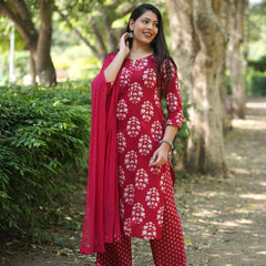 Red block floral straight suit set - Jonaya