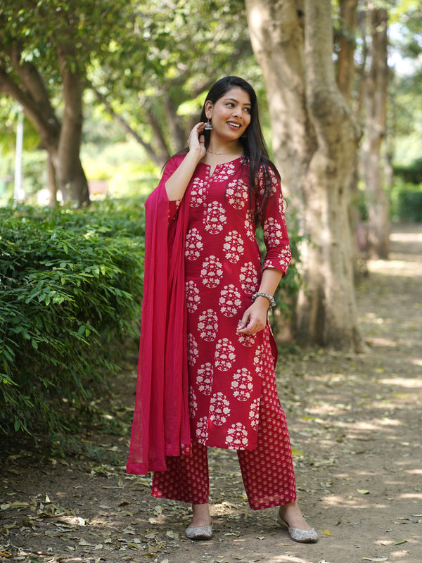 Red Block Floral Straight Suit Set - Jonaya