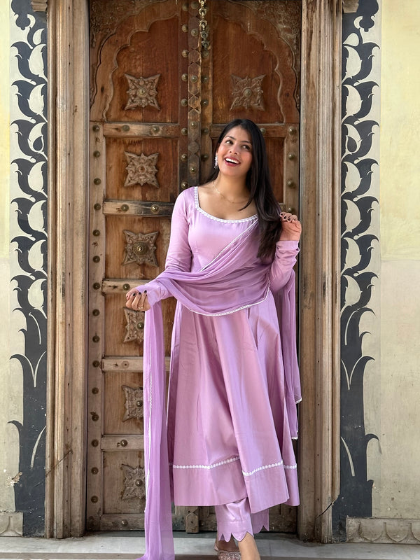 Butter Purple White Lace Flare Suit Set - Jonaya