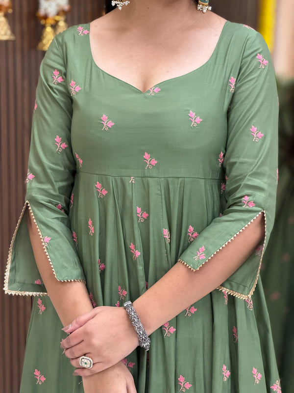 Pista Gulab Embroidery festive Anarkali set Jonaya