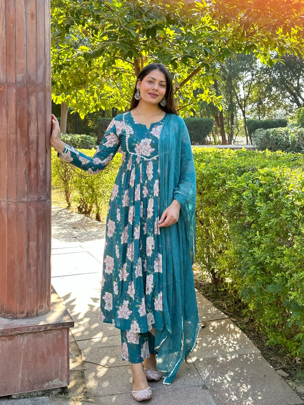 Rama Green Floral Flare Suit Set - Jonaya