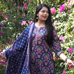 Blue pink floral straight suit set - Jonaya