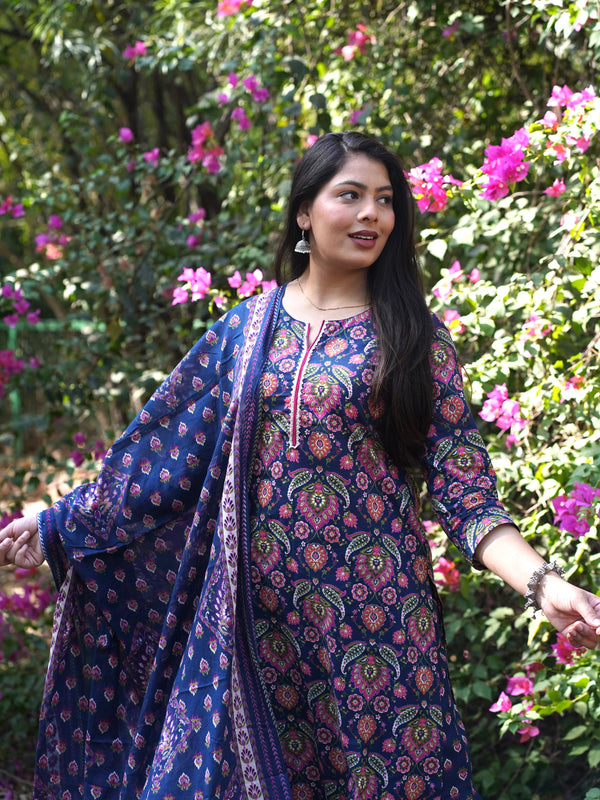 Blue Pink Floral Straight Suit Set - Jonaya
