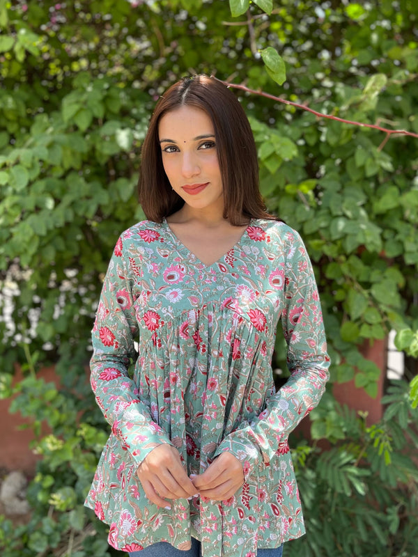 Soft Rose Green Full Sleeves Peplum Top - Jonaya