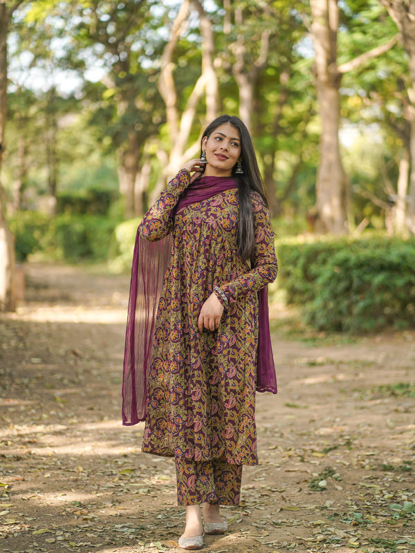 Wine Printed Floral Aliacut Suit Set - Jonaya