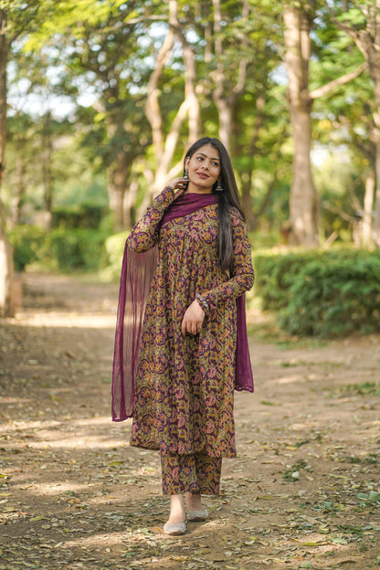 Wine printed floral suit set