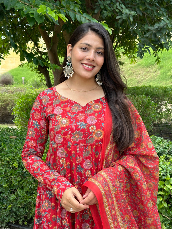Floral Booti Red Anarkali Suit Set - Jonaya