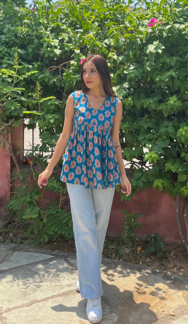 Pestal blue cut sleeves Peplum top - Jonaya