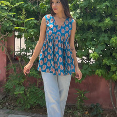 Pestal blue cut sleeves Peplum top - Jonaya