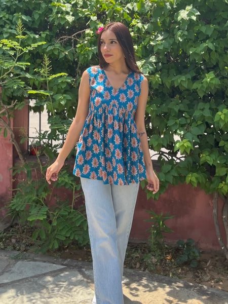 Pestal blue cut sleeves Peplum top - Jonaya